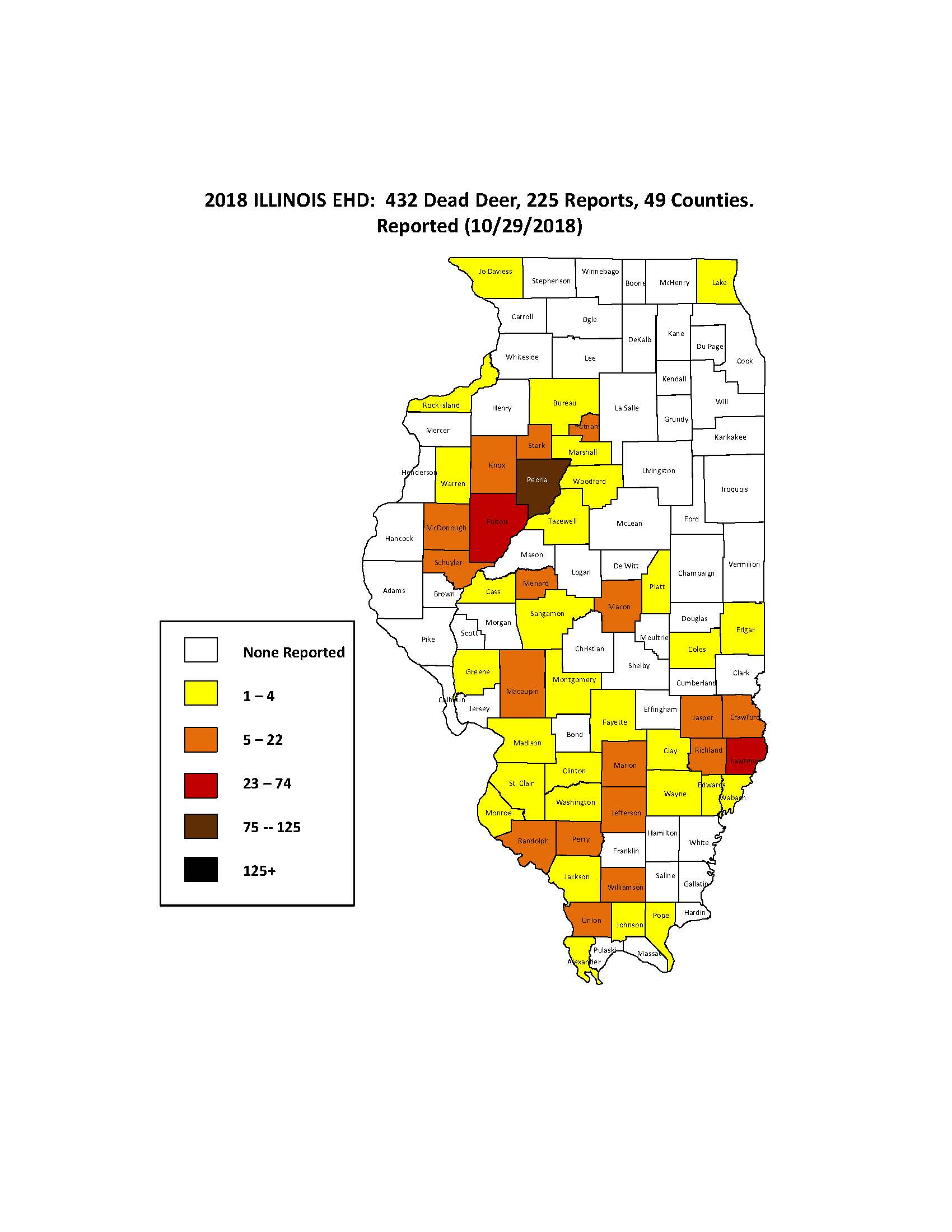 A map of Illinois and its counties showing reports of EHD from 2018. 