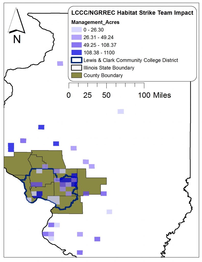A graphic of the state of Illinois illustrating the regional and L&C district acreage impact of NGRREC's Habitat Strike Team by township from May 2016 to September 2019. The area includes the central west-side of the state.