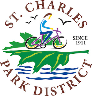 The images is a logo for St. Charles Park District. The logo has a person riding a bicycle on top of a leaf which is all over waves at the bottom of the graphic. Three flying birds are in the background at the top.