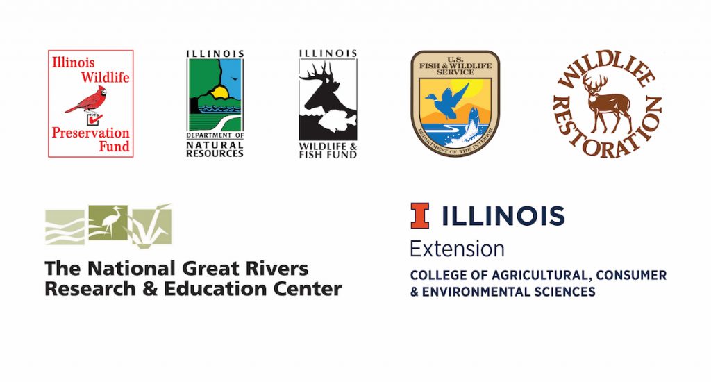 A graphic with several logos including the Illinois Wildlife Preservation Fund, Illinois Department of Natural Resources, Illinois Wildlife and Fish fund, U.S. Fish and Wildlife Service, Wildlife Restoration, The National Great Rivers Research and Education Center, and Illinois Extension College of Agricultural, Consumer and Environmental Sciences.