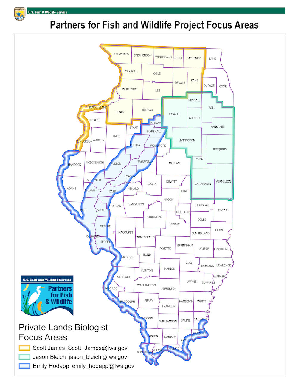 A map of Illinois indicating in blue, green and yellow outlines of the Partners for Fish and Wildlife Project Focus Areas.