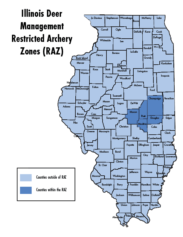 A map of Illinois Deer Management Restricted Archery Zones (RAZ). All 102 counties are shown in light blue with the five counties in the RAZ appearing in darker blue. Those counties are Champaign, Piatt, Macon, Moultrie, and Douglas.